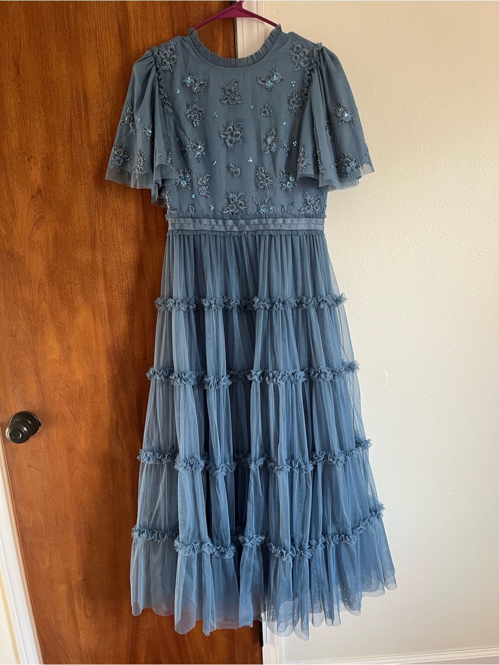 Ivy City Co. Anastasia Dress Slate Blue Beaded Tiered Tulle Midi Maxi Sz small